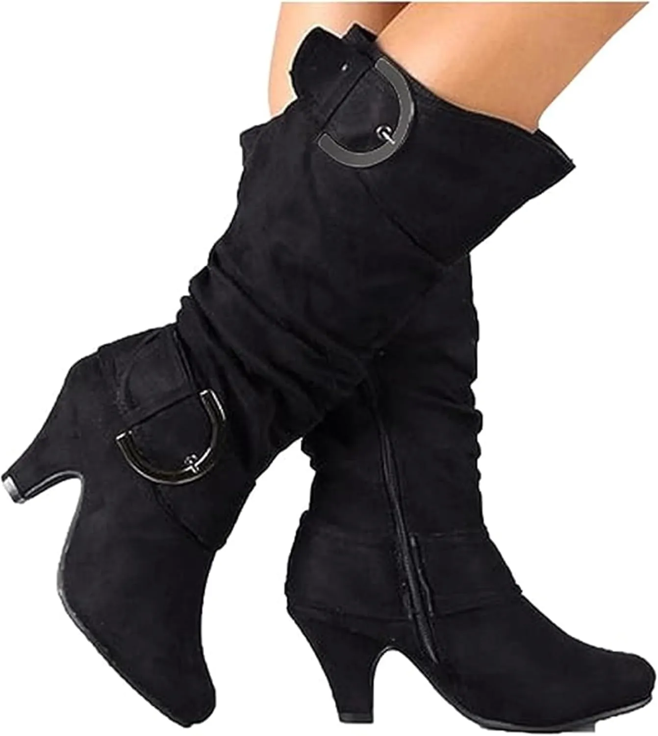 Ladmiple Fall Bo_ots Women Knee_High Wide_Calf Cone he_el Size Zipper Slouchy Cowboy Cowgirl Western Bo_ots