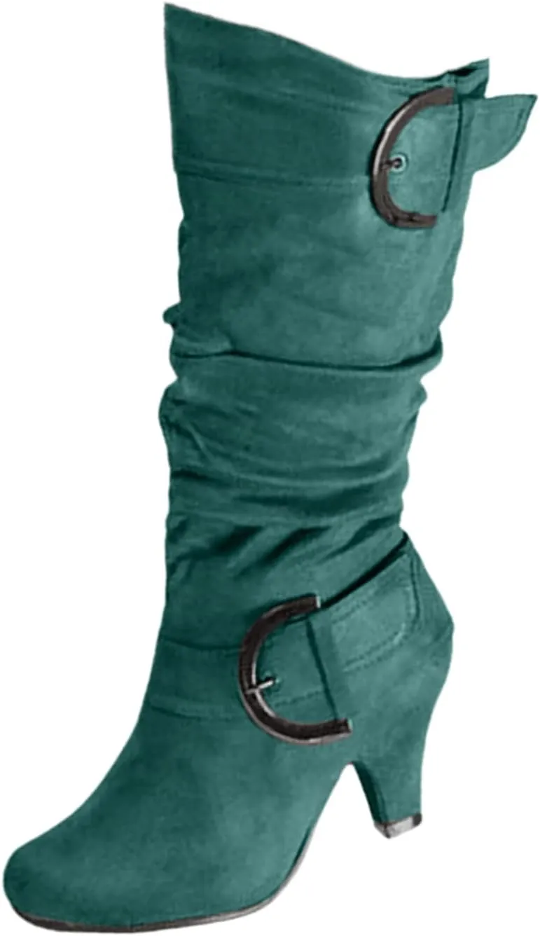 Ladmiple Fall Bo_ots Women Knee_High Wide_Calf Cone he_el Size Zipper Slouchy Cowboy Cowgirl Western Bo_ots