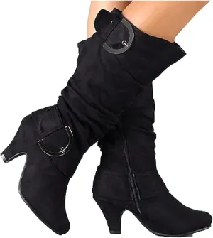 Ladmiple Fall Bo_ots Women Knee_High Wide_Calf Cone he_el Size Zipper Slouchy Cowboy Cowgirl Western Bo_ots