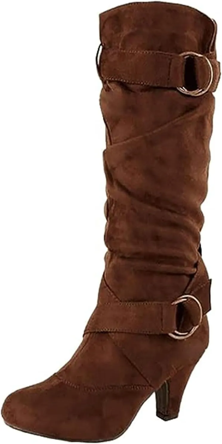 Ladmiple Fall Bo_ots Women Wide_Calf Knee_High Bo_ots Cone he_el Party Fashion Classic Slouchy Western Cowboy Cowgirl Bo_ots