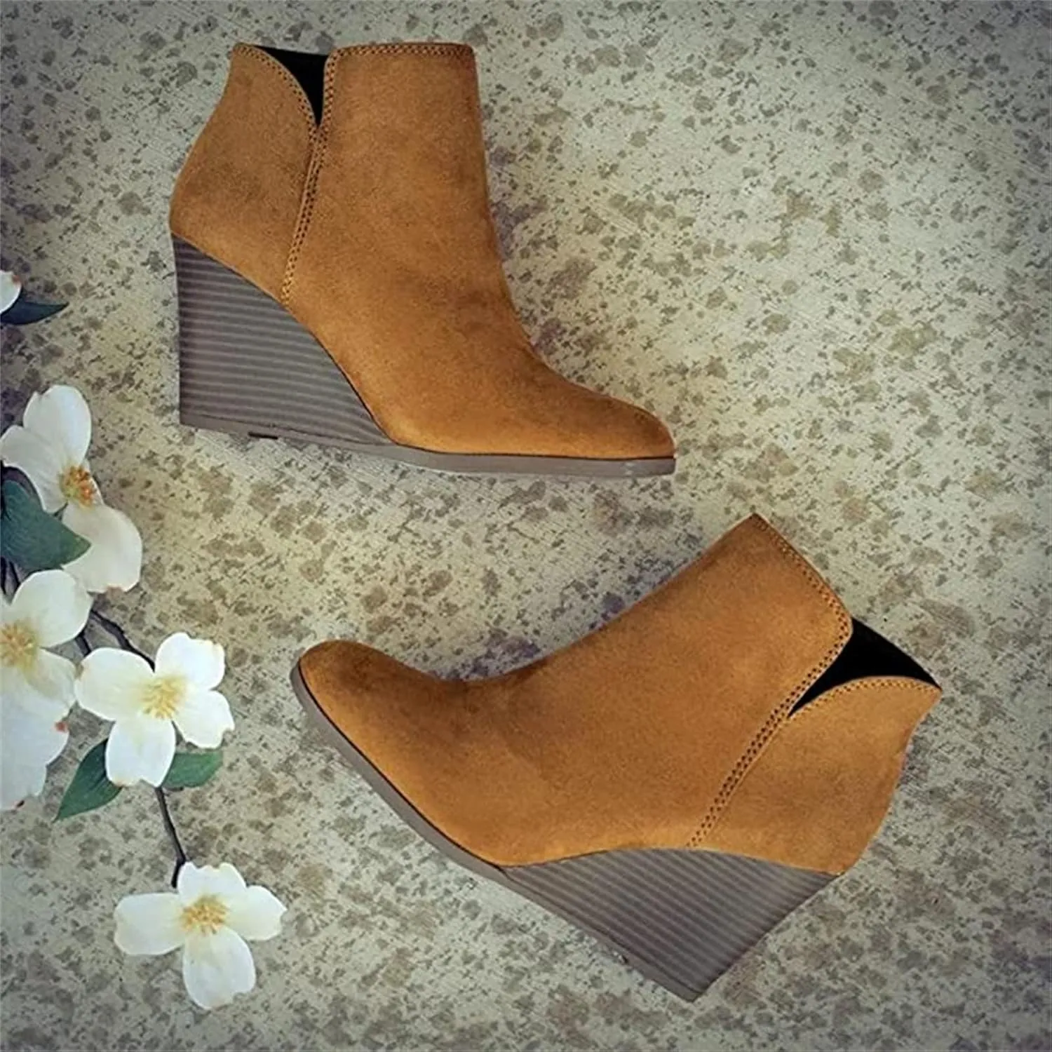 Lausiuoe Wedge Booties For Women Closed Toe Heeled Ankle Boots Casual Dressy Fashion Platform Wide Western Fall Booties