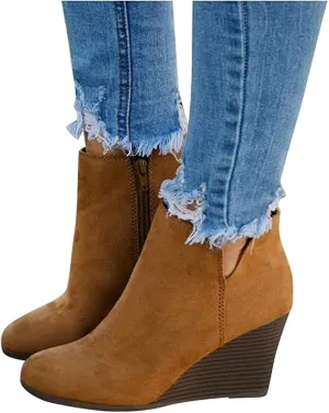 Lausiuoe Wedge Booties For Women Closed Toe Heeled Ankle Boots Casual Dressy Fashion Platform Wide Western Fall Booties