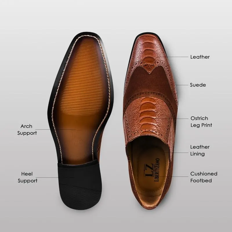 LIBERTYZENO Mens Ostrich Leg Print Suede & Genuine Leather Adults Noble Loafers Slip On Shoes for Prom Graduation