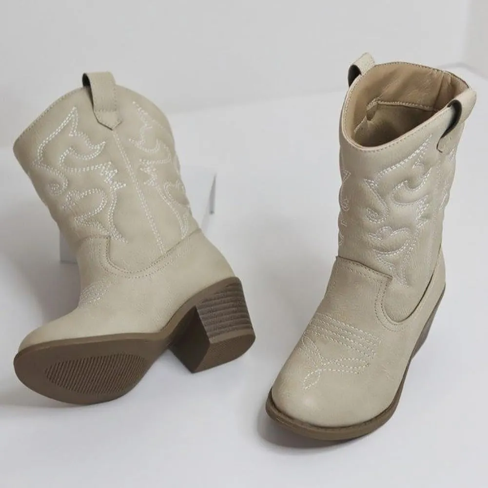 Low Heel Cowgirl Cowboy Western Boots Girls Mid Calf Riding Shoes