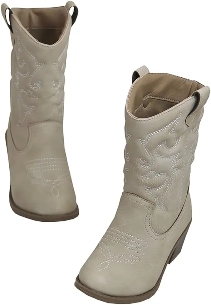 Low Heel Cowgirl Cowboy Western Boots Girls Mid Calf Riding Shoes