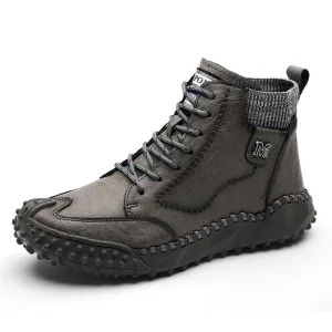 Men Warm Casual Thick-Soled High-Top Leather Plus Velvet Boots