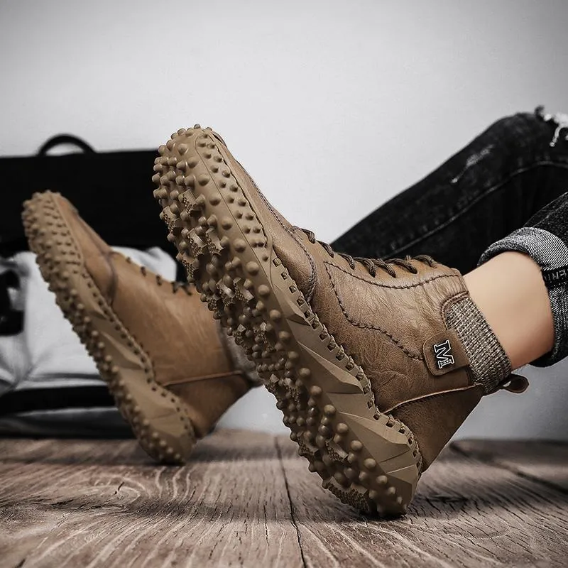 Men Warm Casual Thick-Soled High-Top Leather Plus Velvet Boots