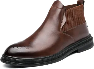 Men's Chelsea Ankle Boots Carved Brogue Burnished Toe Elastic Bandage Vegan Leather Anti-slip Waterproof Non Wearable Dress Slip On