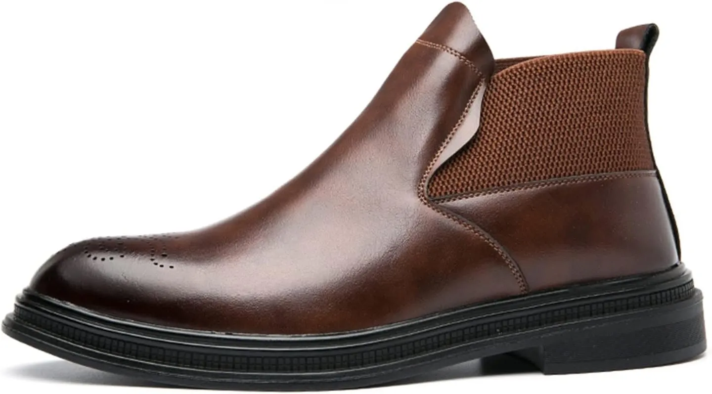 Men's Chelsea Ankle Boots Carved Brogue Burnished Toe Elastic Bandage Vegan Leather Anti-slip Waterproof Non Wearable Dress Slip On