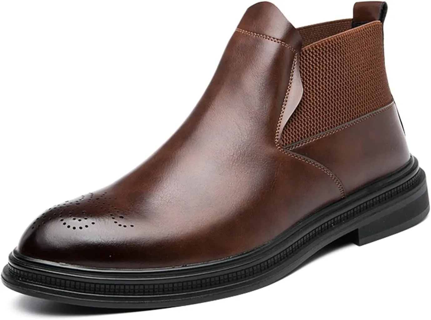 Men's Chelsea Ankle Boots Carved Brogue Burnished Toe Elastic Bandage Vegan Leather Anti-slip Waterproof Non Wearable Dress Slip On