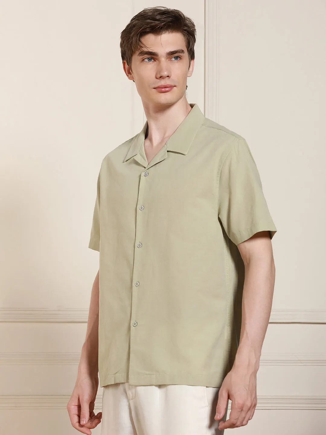Men's Cuban Collar Regular Fit Solid Pista Green Casual Shirt