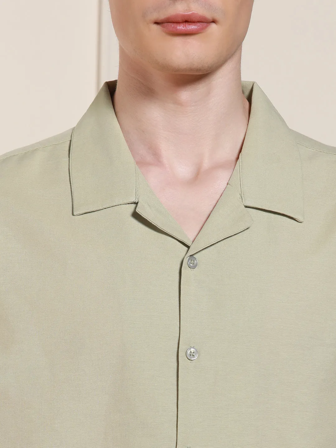 Men's Cuban Collar Regular Fit Solid Pista Green Casual Shirt