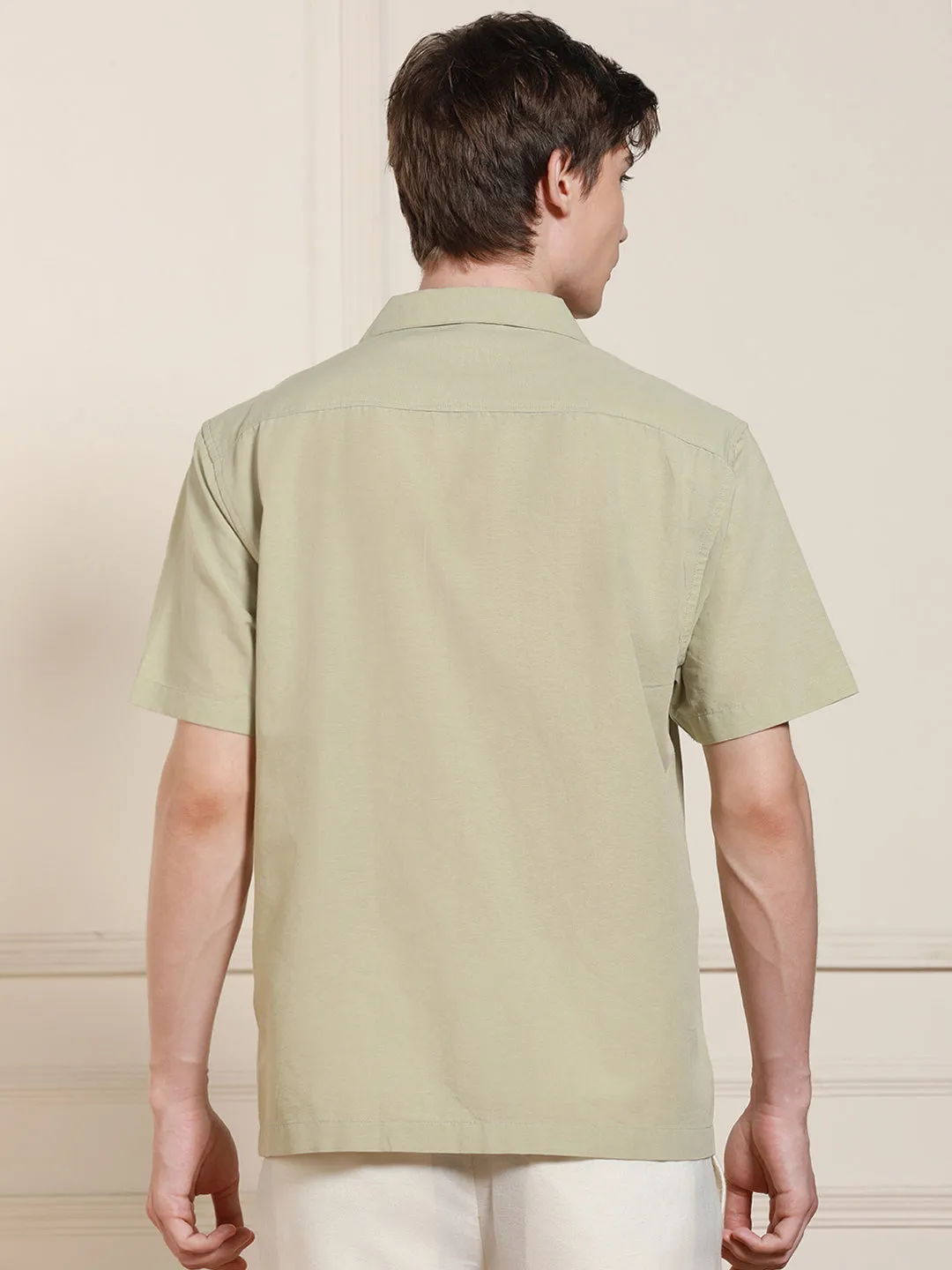 Men's Cuban Collar Regular Fit Solid Pista Green Casual Shirt