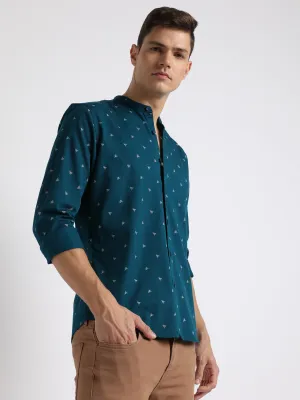 Men's Mandarin Collar Slim Fit Conversation Print Navy Casual Shirts