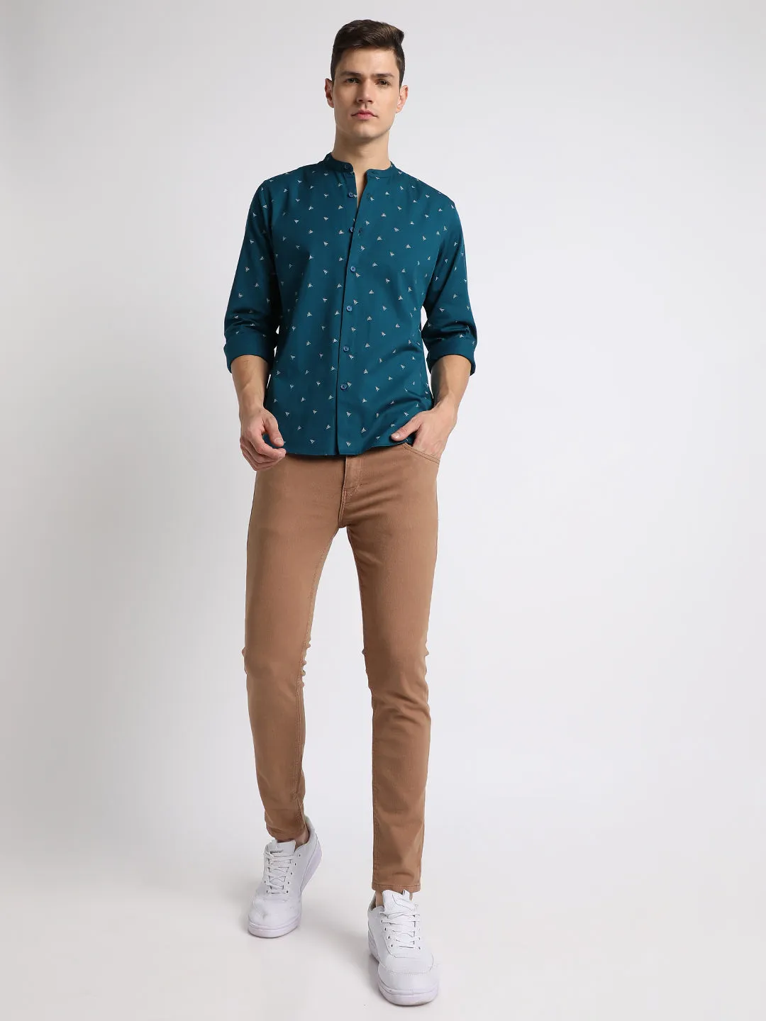 Men's Mandarin Collar Slim Fit Conversation Print Navy Casual Shirts
