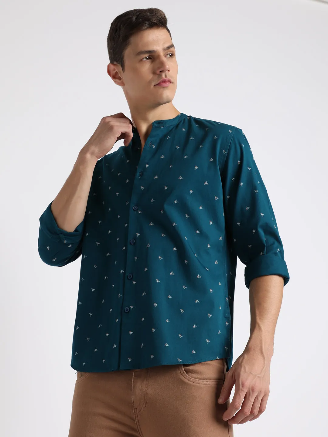 Men's Mandarin Collar Slim Fit Conversation Print Navy Casual Shirts