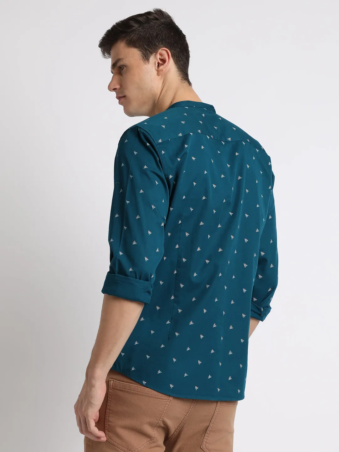 Men's Mandarin Collar Slim Fit Conversation Print Navy Casual Shirts