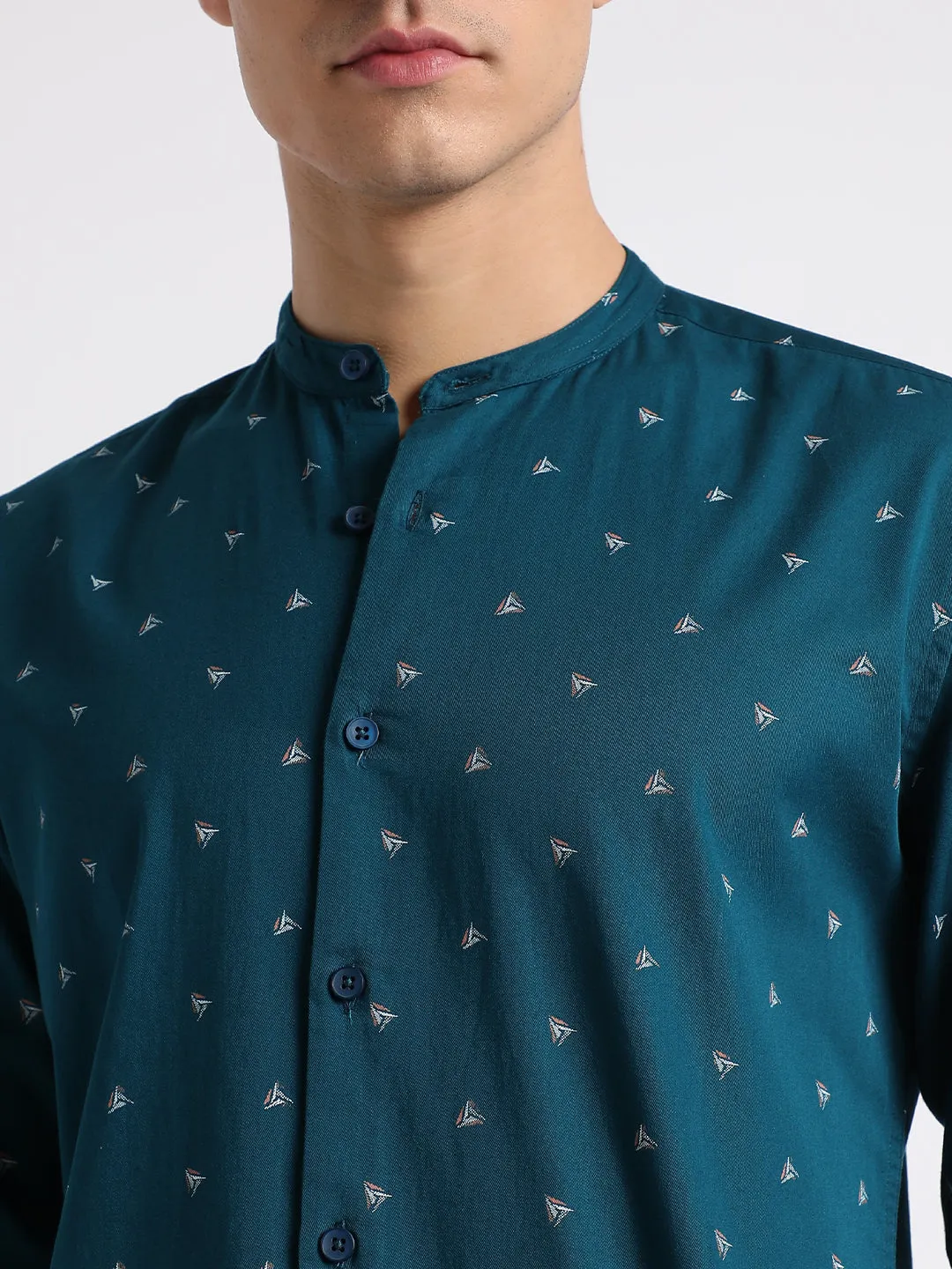 Men's Mandarin Collar Slim Fit Conversation Print Navy Casual Shirts