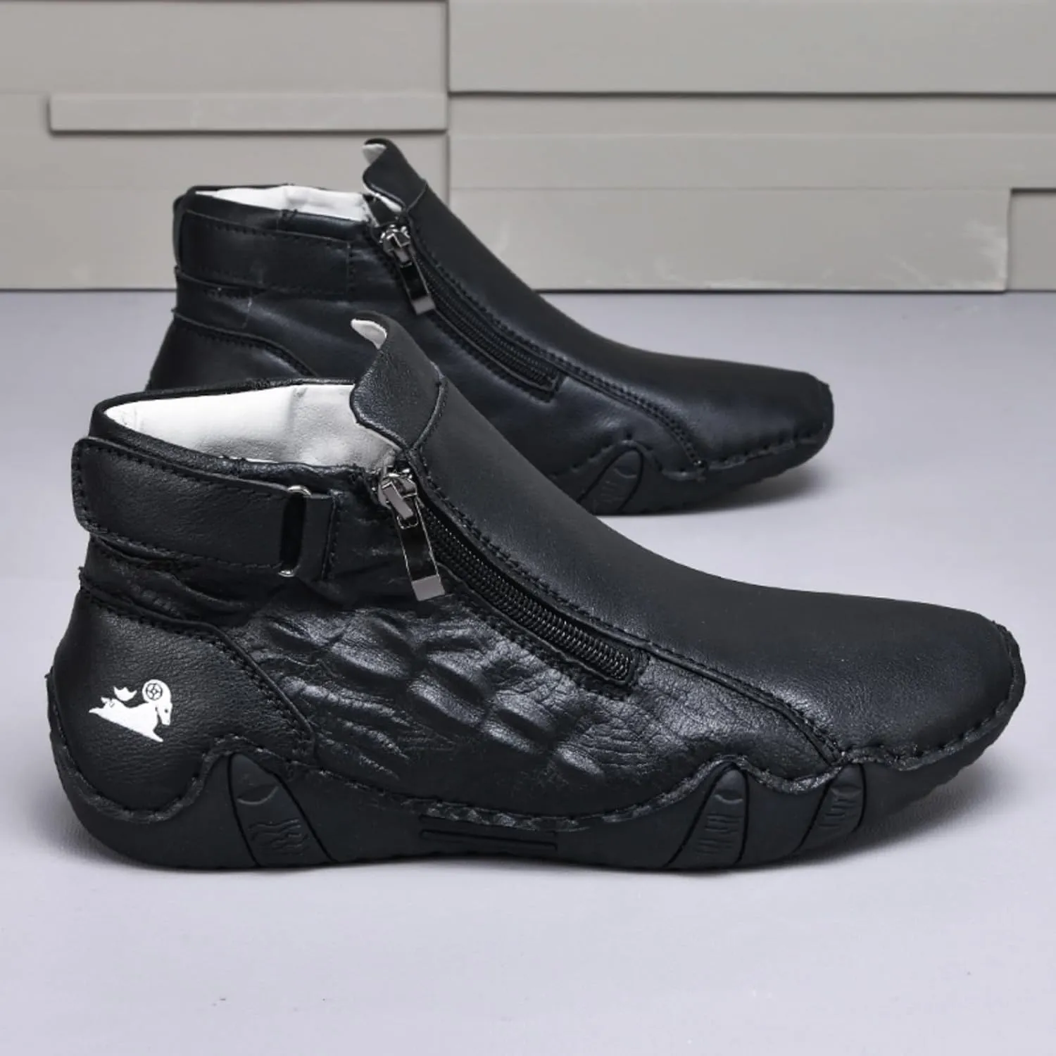 Mens Mid-Top Leather Chukka Ankle Boots with Side Zipper Casual Comfortable Round Toe Non-Slip Flats Loafers for Walking Outdoor Hiking