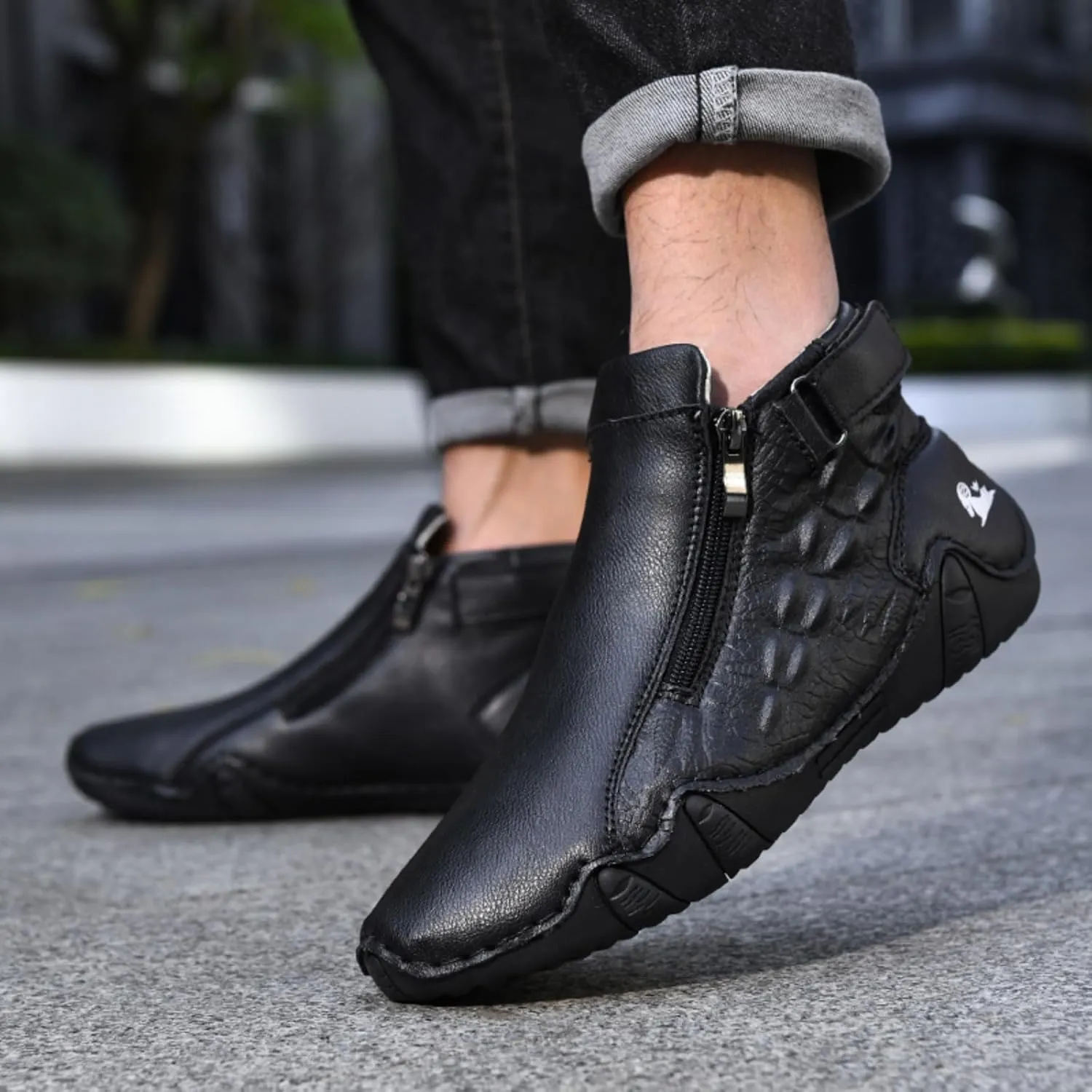 Mens Mid-Top Leather Chukka Ankle Boots with Side Zipper Casual Comfortable Round Toe Non-Slip Flats Loafers for Walking Outdoor Hiking