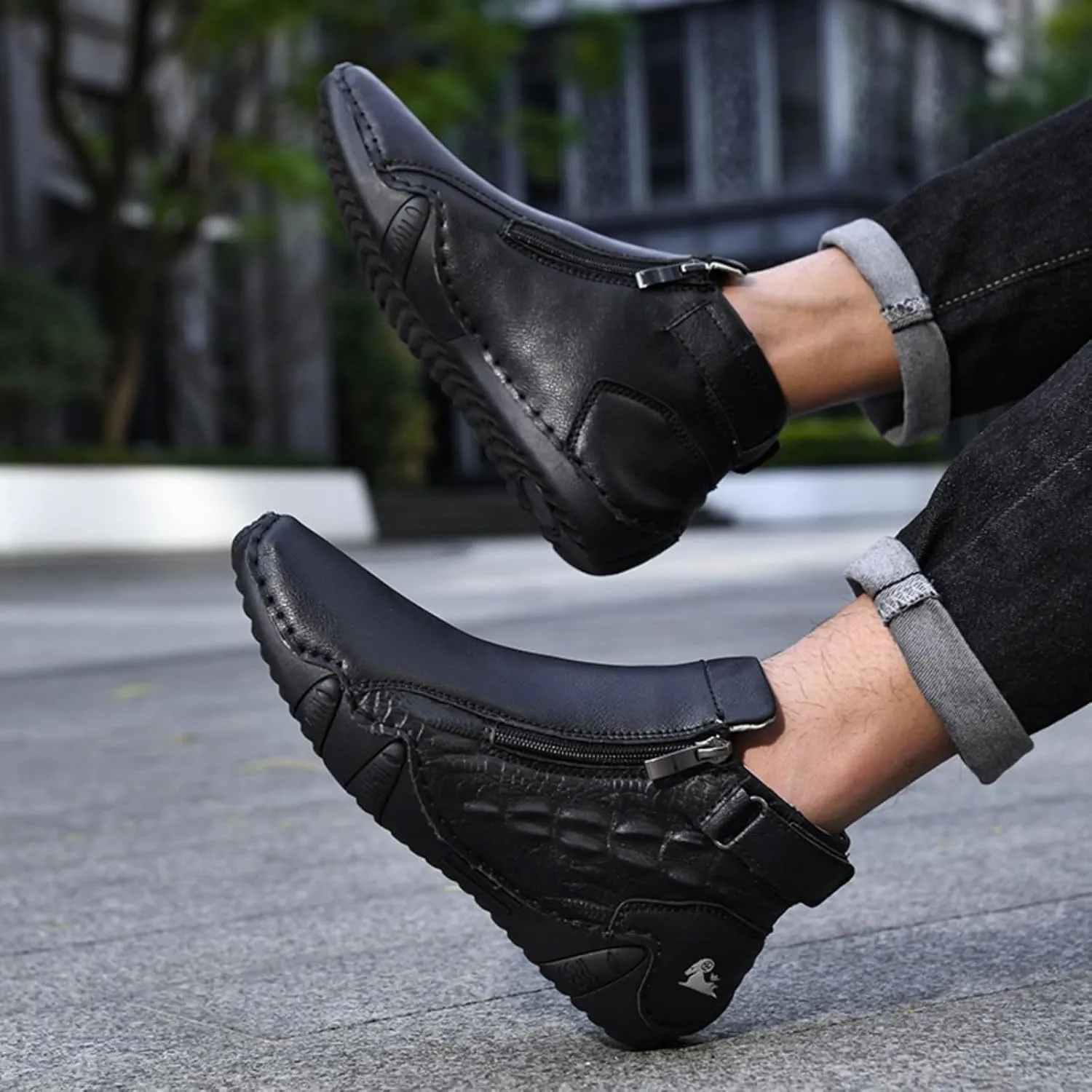 Mens Mid-Top Leather Chukka Ankle Boots with Side Zipper Casual Comfortable Round Toe Non-Slip Flats Loafers for Walking Outdoor Hiking