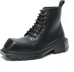 Mens Retro Leather Lace-Up Chunky Heels Chukka Ankle Boots Casual High-Top Non-Slip Square Toe Dress Shoes for Walking Formal Business