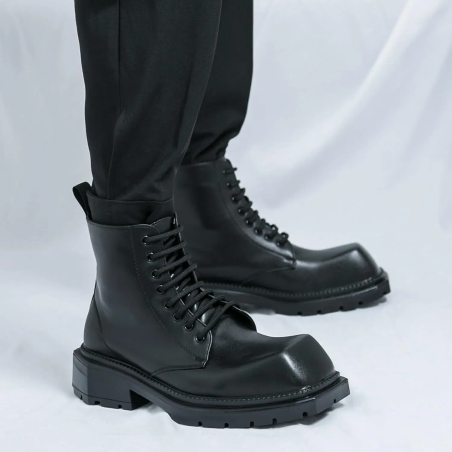 Mens Retro Leather Lace-Up Chunky Heels Chukka Ankle Boots Casual High-Top Non-Slip Square Toe Dress Shoes for Walking Formal Business
