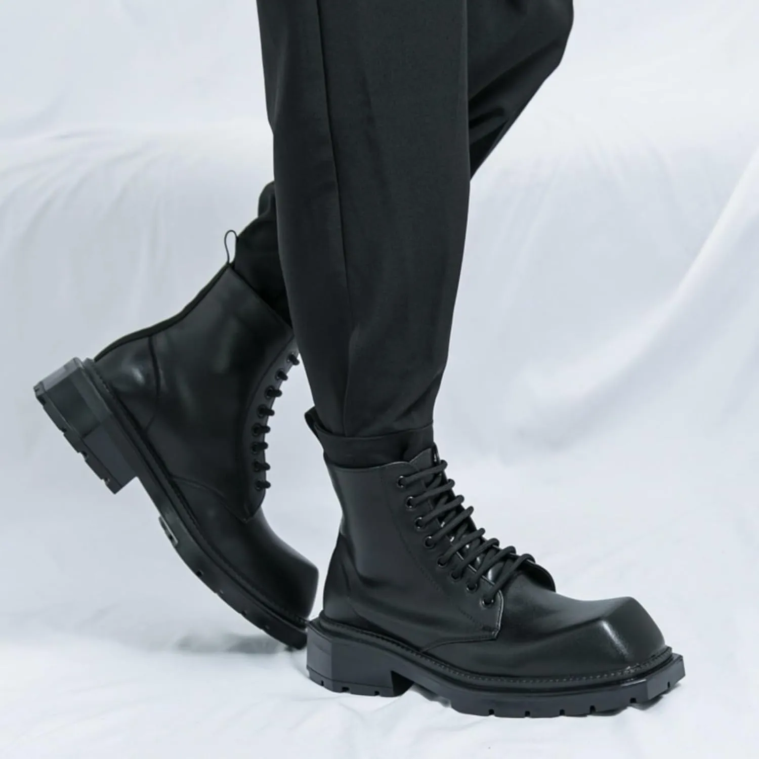Mens Retro Leather Lace-Up Chunky Heels Chukka Ankle Boots Casual High-Top Non-Slip Square Toe Dress Shoes for Walking Formal Business