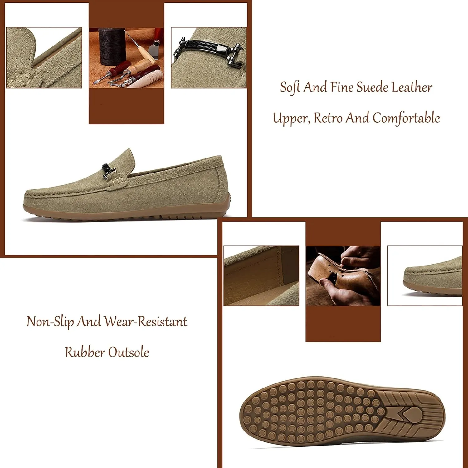 Men's Suede Hand-Stitched Flat Loafers Retro Round Toe Metal Decoration Soft Sole Foldable Non-Slip Work Casual Driving Shoes