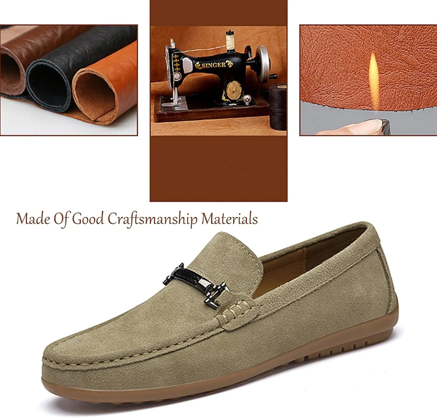 Men's Suede Hand-Stitched Flat Loafers Retro Round Toe Metal Decoration Soft Sole Foldable Non-Slip Work Casual Driving Shoes