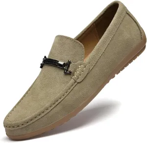 Men's Suede Hand-Stitched Flat Loafers Retro Round Toe Metal Decoration Soft Sole Foldable Non-Slip Work Casual Driving Shoes