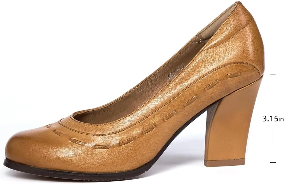 Mona flying Women's Leather Closed Round Toe 3 inch Chunky High Heel Pumps Office Work Dress Shoes for Ladies