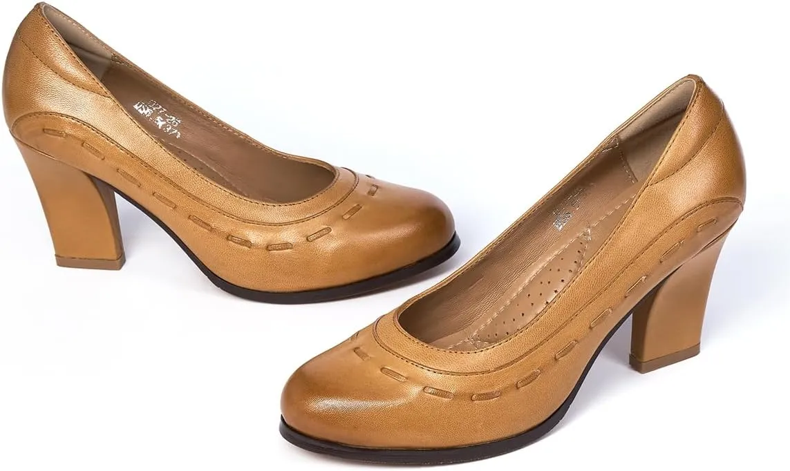 Mona flying Women's Leather Closed Round Toe 3 inch Chunky High Heel Pumps Office Work Dress Shoes for Ladies