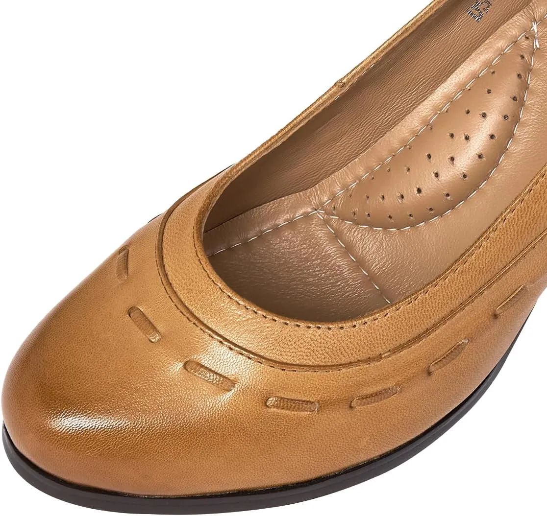 Mona flying Women's Leather Closed Round Toe 3 inch Chunky High Heel Pumps Office Work Dress Shoes for Ladies