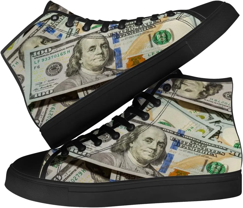 Money Shoes for Men Women Dollar High Top Canvas Sneakers Lace Up Casual Walking Shoes Gifts for Boyfriend Girlfriend