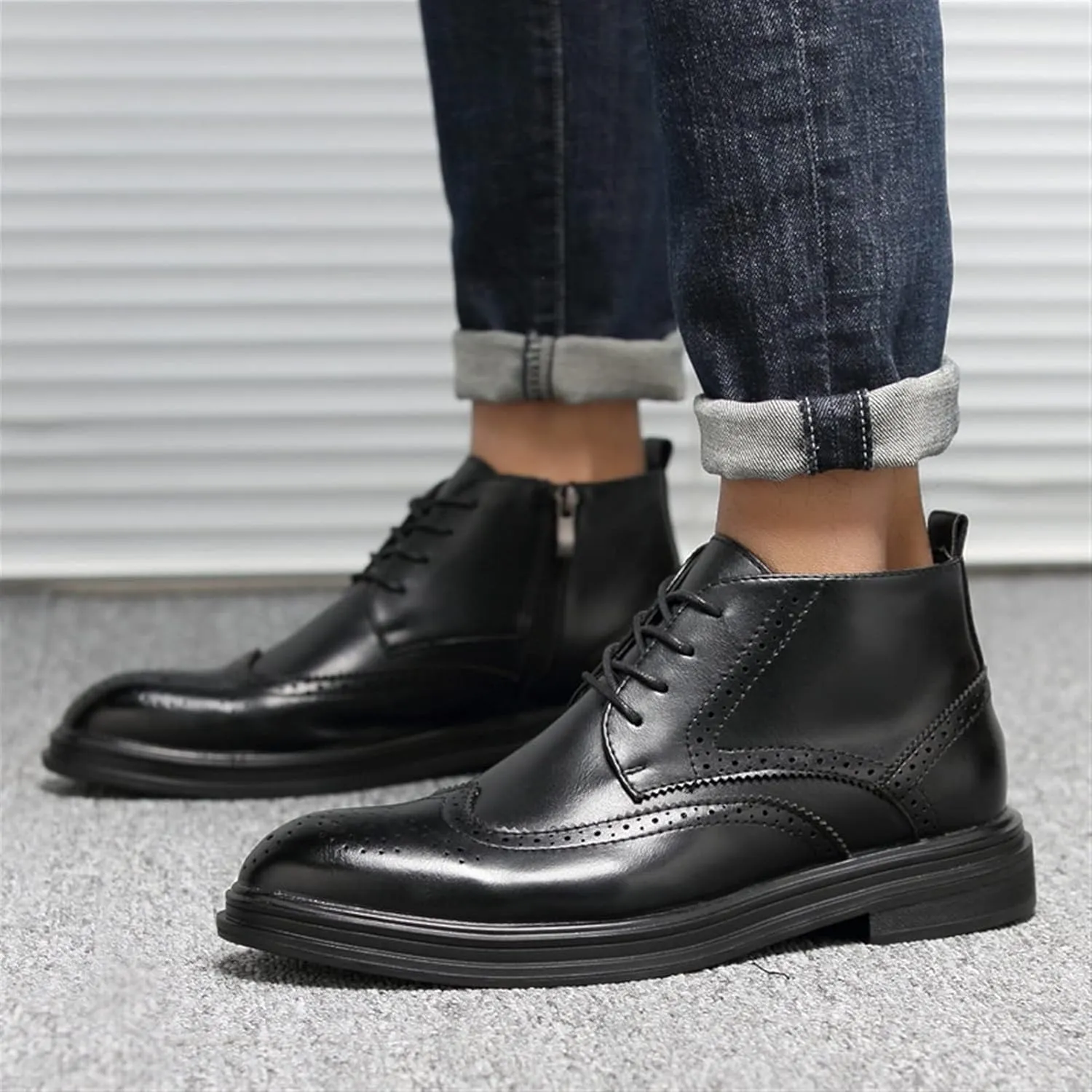 New Mens Ankle Boots Anti-slip Waterproof Carved Brogue Win Tip PU Dress Fashion