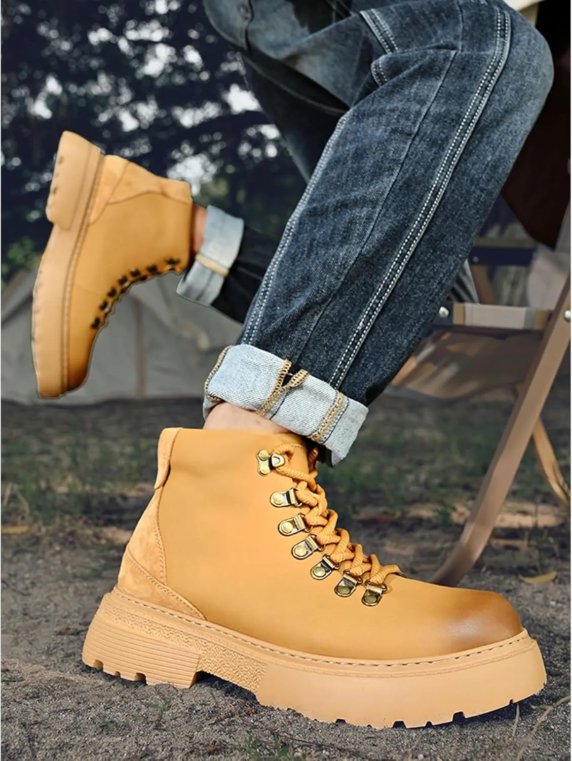 Optigard Men's Leather Platform Lace-up Chukka Boots Waterproof Non-slip Hiking Boots for Men Casual Motorcycle Booties