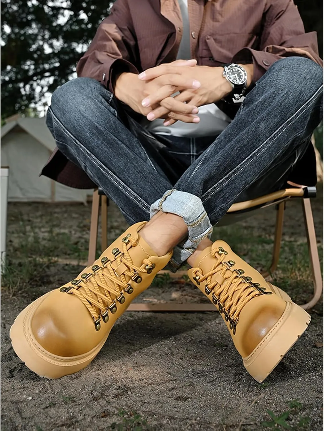 Optigard Men's Leather Platform Lace-up Chukka Boots Waterproof Non-slip Hiking Boots for Men Casual Motorcycle Booties
