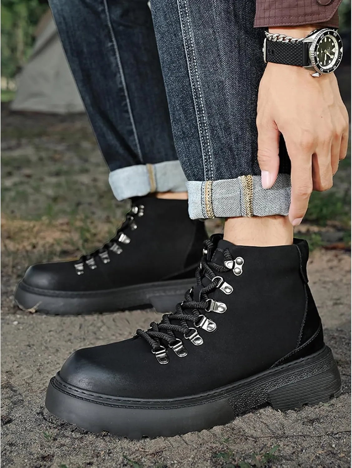 Optigard Men's Leather Platform Lace-up Chukka Boots Waterproof Non-slip Hiking Boots for Men Casual Motorcycle Booties