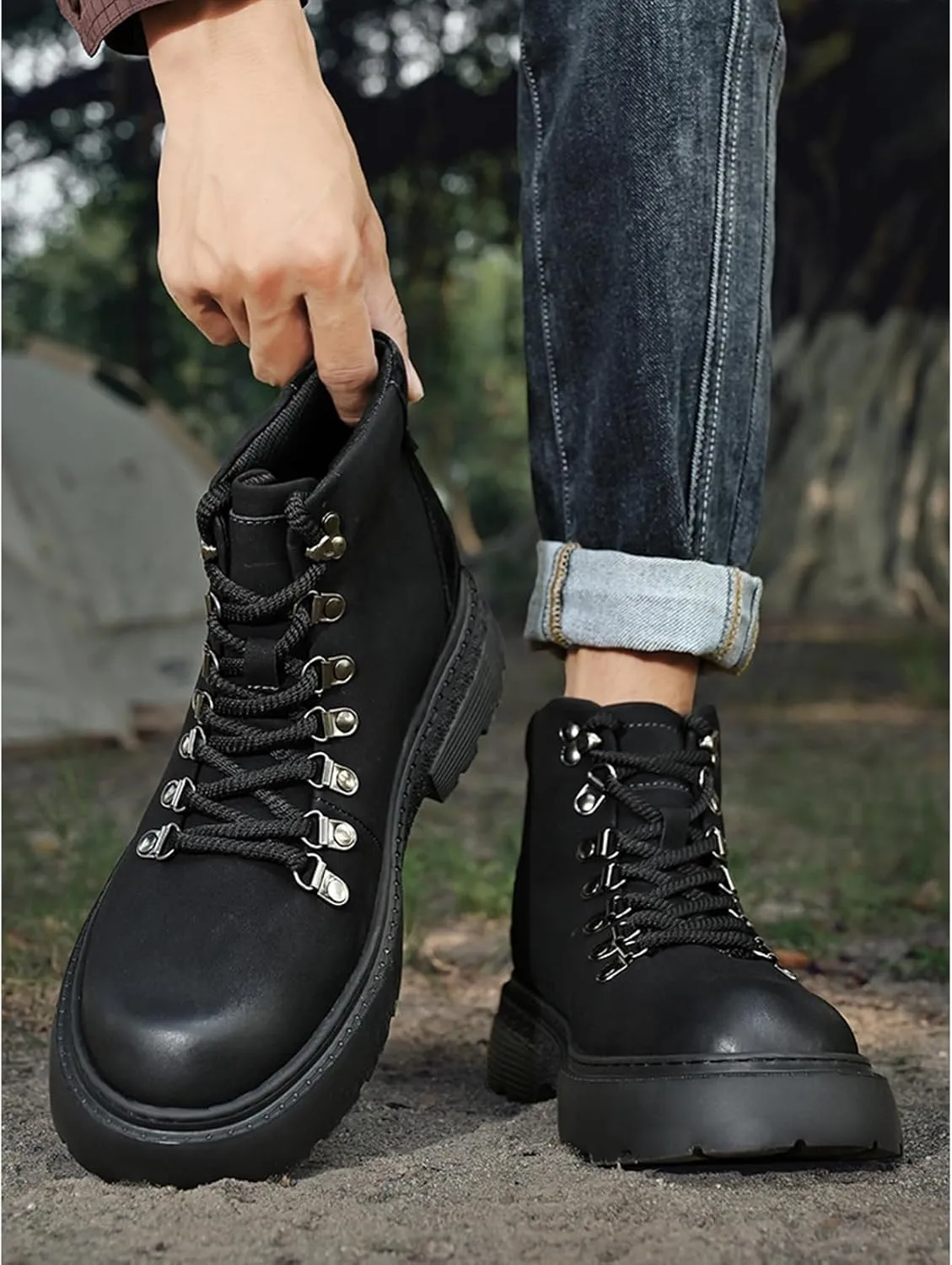 Optigard Men's Leather Platform Lace-up Chukka Boots Waterproof Non-slip Hiking Boots for Men Casual Motorcycle Booties