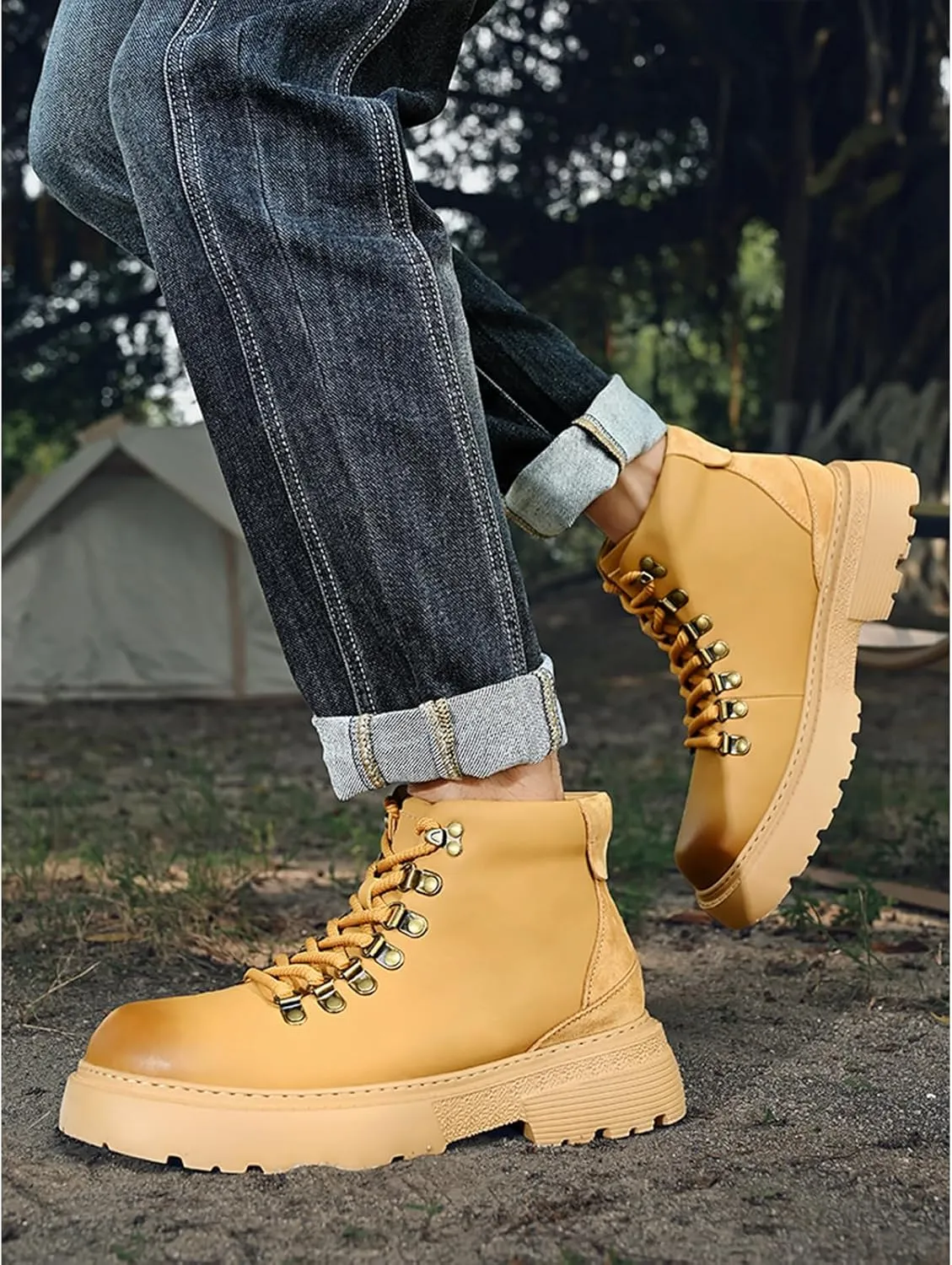 Optigard Men's Leather Platform Lace-up Chukka Boots Waterproof Non-slip Hiking Boots for Men Casual Motorcycle Booties