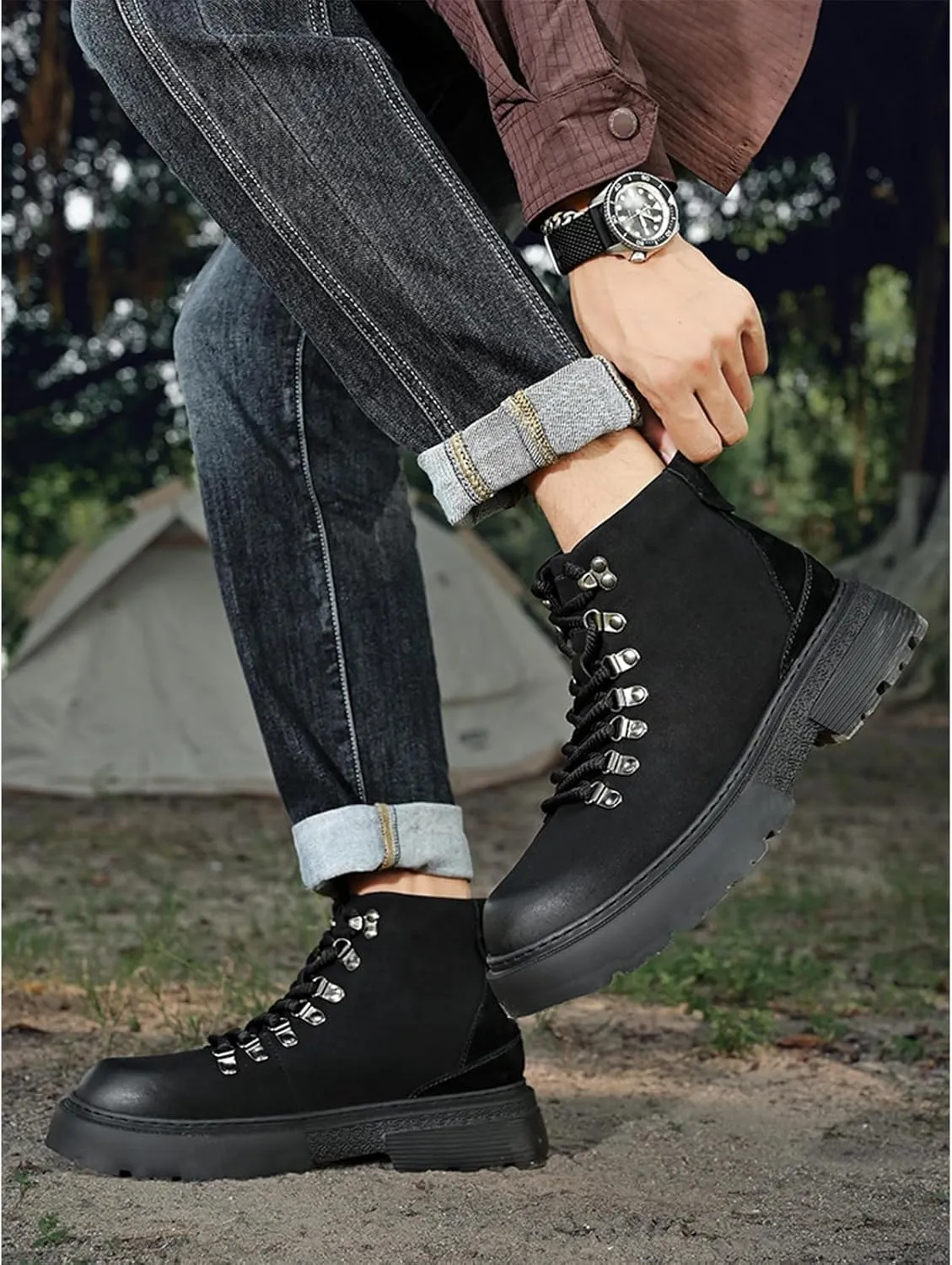 Optigard Men's Leather Platform Lace-up Chukka Boots Waterproof Non-slip Hiking Boots for Men Casual Motorcycle Booties