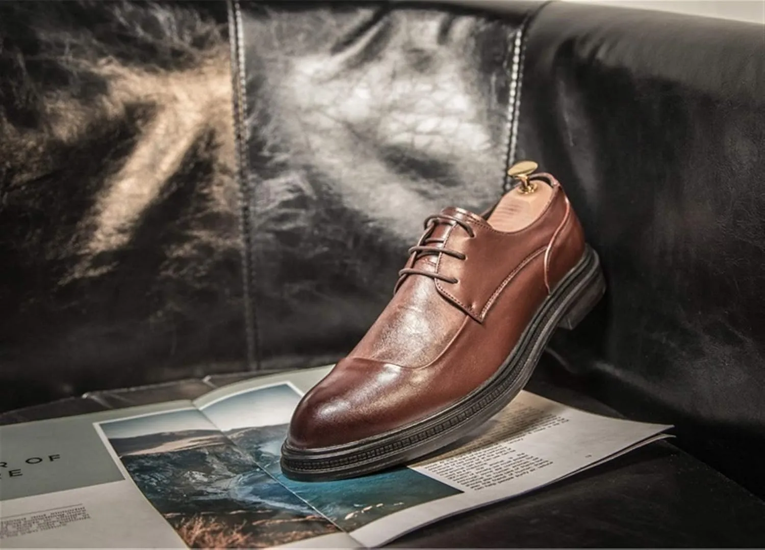 Oxfords Shoes for Men Round Cap Burnish Toe Stitching Thick Block Heel 3-Eye Lace Up Vegan Rubber Sole Non-Slip