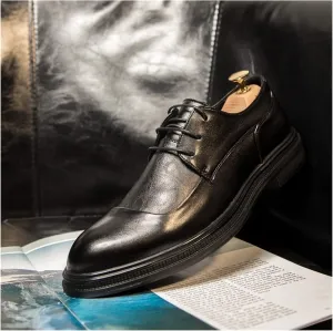 Oxfords Shoes for Men Round Cap Burnish Toe Stitching Thick Block Heel 3-Eye Lace Up Vegan Rubber Sole Non-Slip