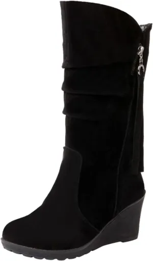 peqiut Knee High Boots Women Casual Wedge Heel Side Zipper Cowboy Boots for Women Solid Color Fashion Womens Boots