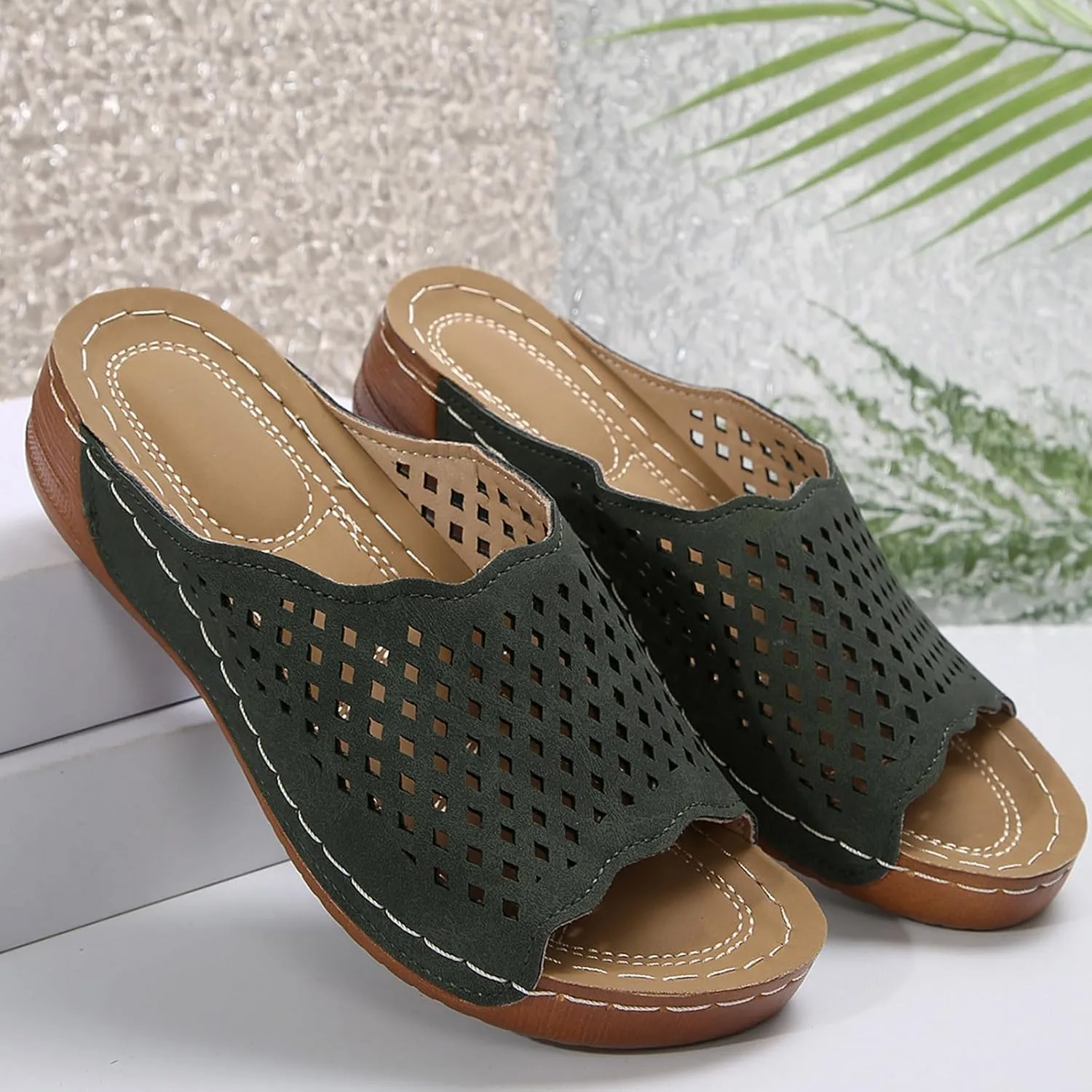 Platform Sandals Women Fashion Wedge Sandal Summer Dressy Open Toes Black Shoes with Arch Support Slip On Walking Shoe