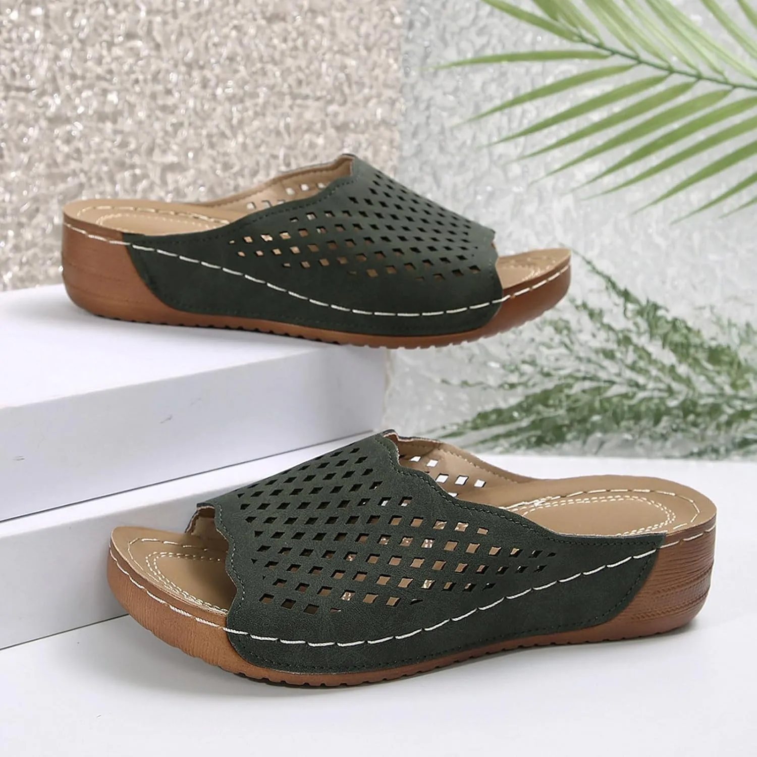 Platform Sandals Women Fashion Wedge Sandal Summer Dressy Open Toes Black Shoes with Arch Support Slip On Walking Shoe