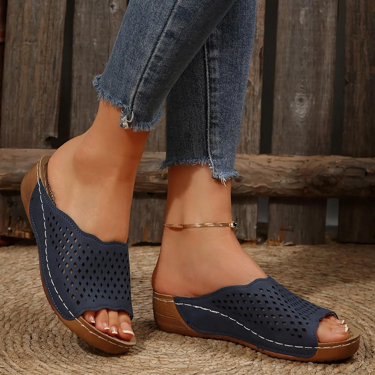 Platform Sandals Women Fashion Wedge Sandal Summer Dressy Open Toes Black Shoes with Arch Support Slip On Walking Shoe