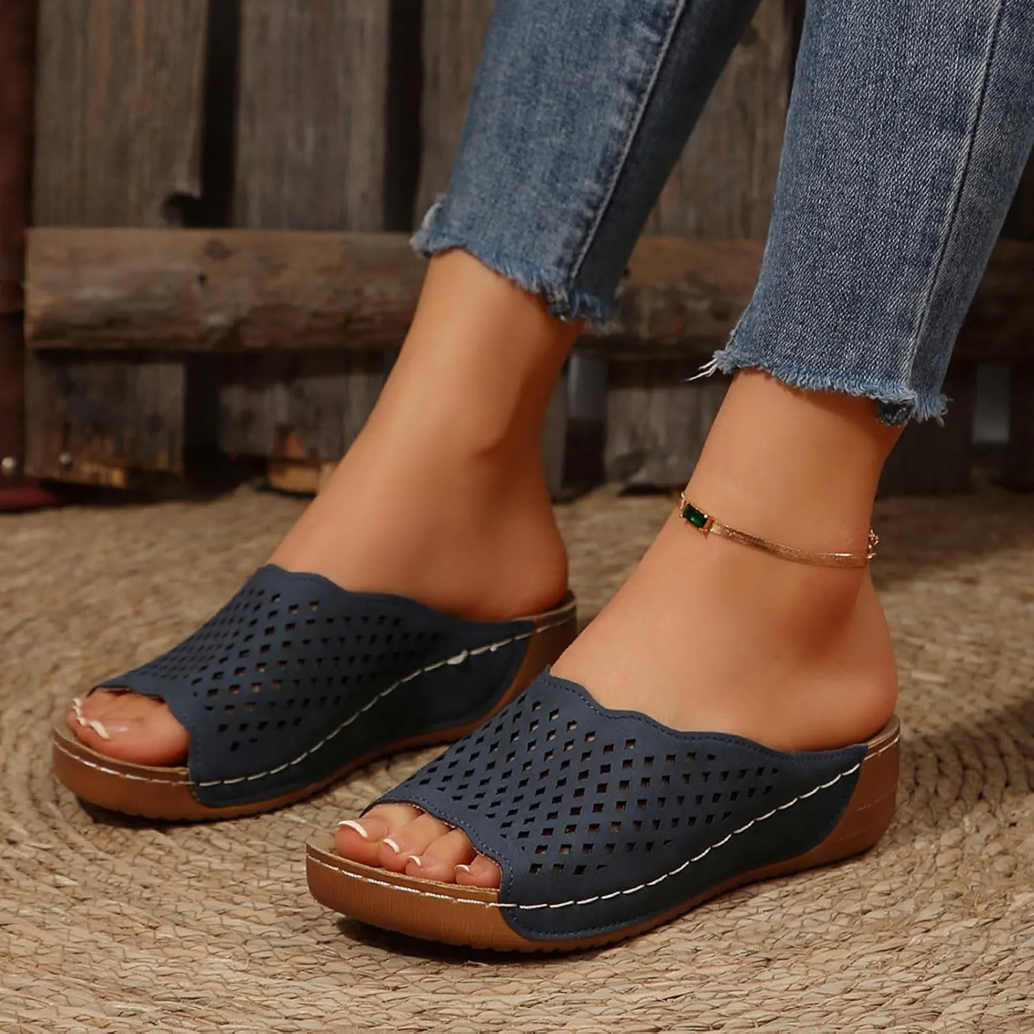 Platform Sandals Women Fashion Wedge Sandal Summer Dressy Open Toes Black Shoes with Arch Support Slip On Walking Shoe