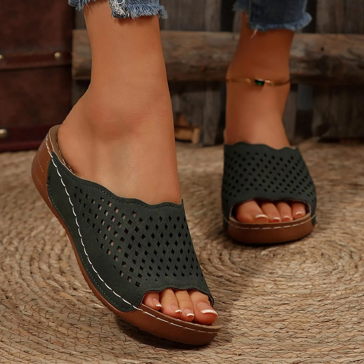 Platform Sandals Women Fashion Wedge Sandal Summer Dressy Open Toes Black Shoes with Arch Support Slip On Walking Shoe